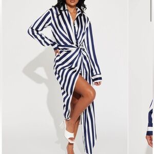 Elegant Blue and White Striped High Low Dress